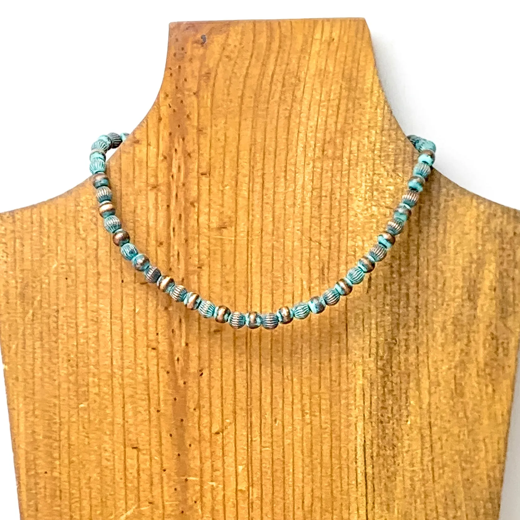 Faux Navajo Pearl Choker Necklace with Corrugated Spacers in Patina Tone