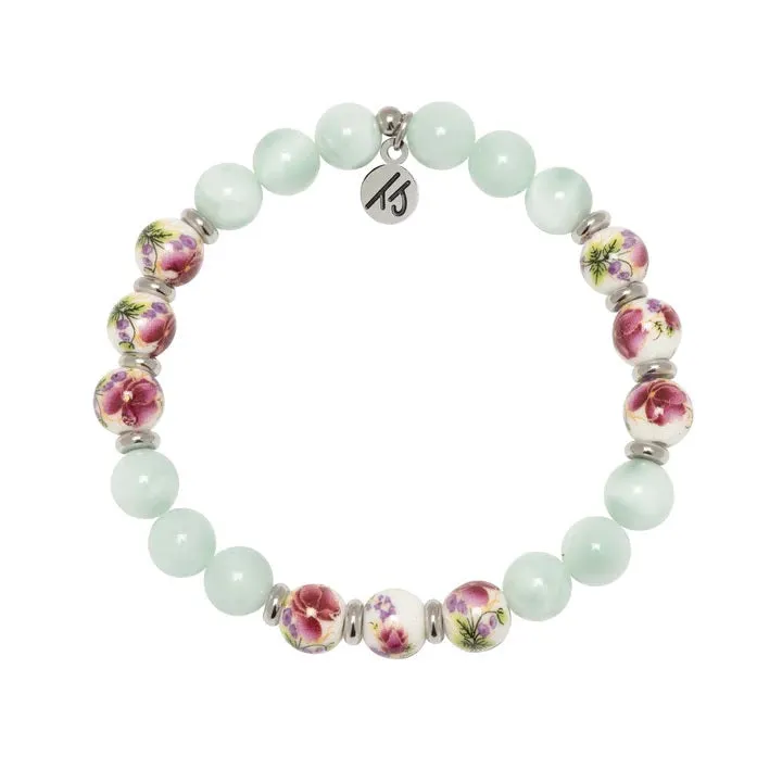 Floral Moments Bracelet- Green Angelite and Orchid Painted Porcelain Beads