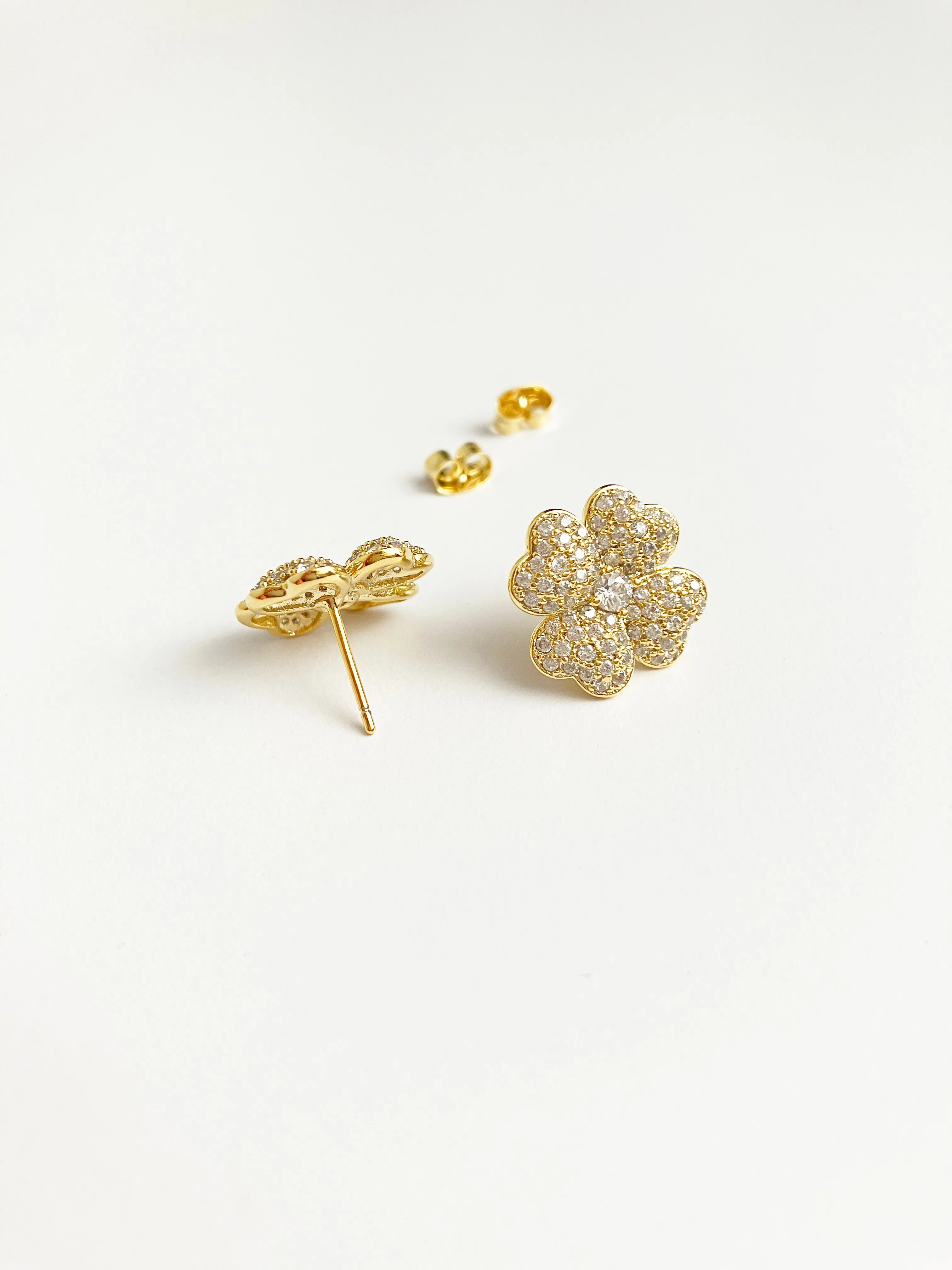 Four Leaf Clover of Hearts Earrings in Gold and Cubic Zirconium