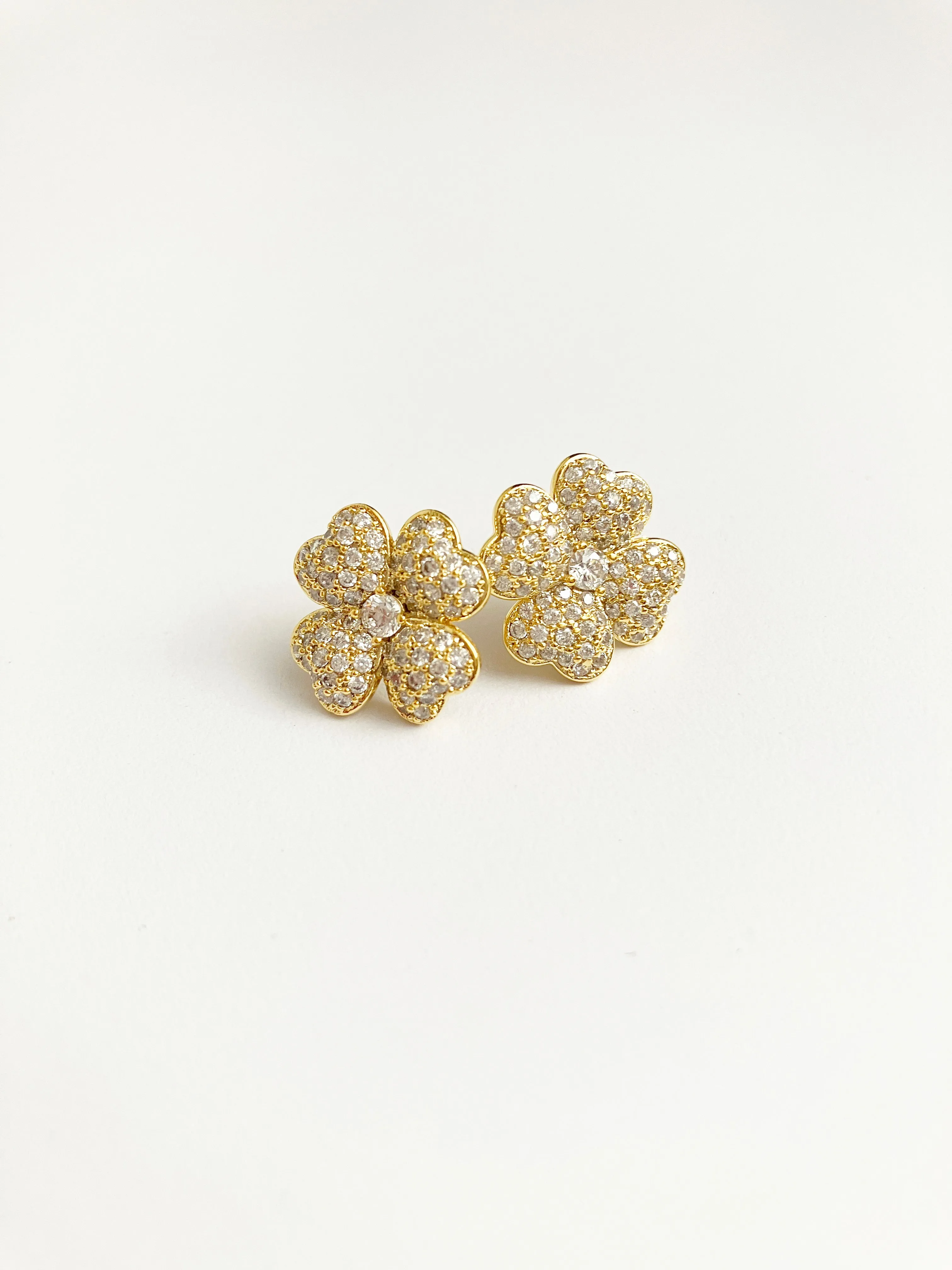 Four Leaf Clover of Hearts Earrings in Gold and Cubic Zirconium