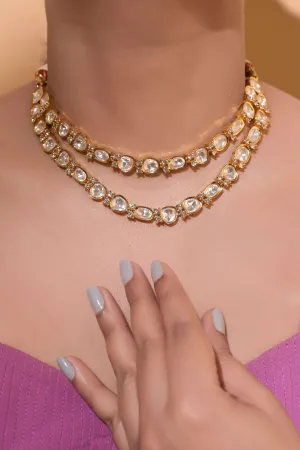 Gold Plated Brass Metal Double Layer Collar Necklace Set with Kundan and AD Stone