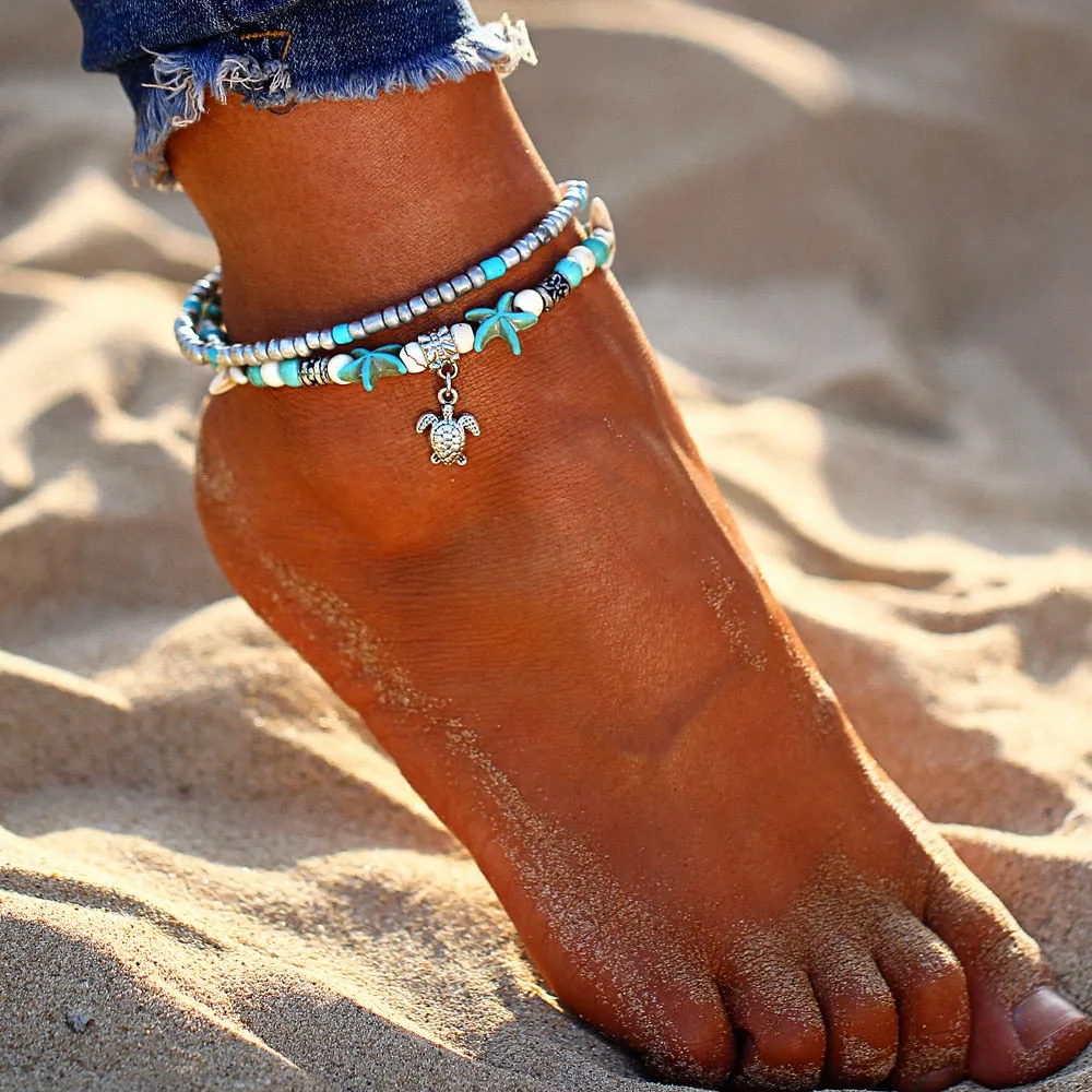 IF ME Bohemian Multiple Layers Starfish Turtle Beads Anklets For Women Vintage Boho Shell Chain Anklet Bracelet Beach Jewelry