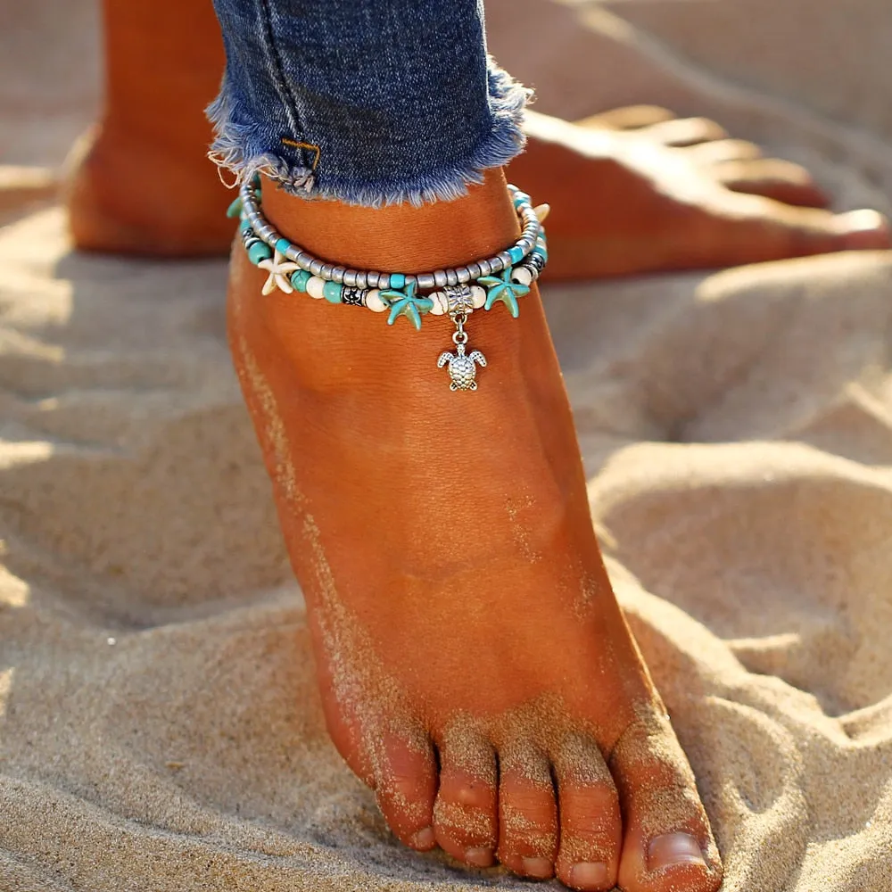 IF ME Bohemian Multiple Layers Starfish Turtle Beads Anklets For Women Vintage Boho Shell Chain Anklet Bracelet Beach Jewelry