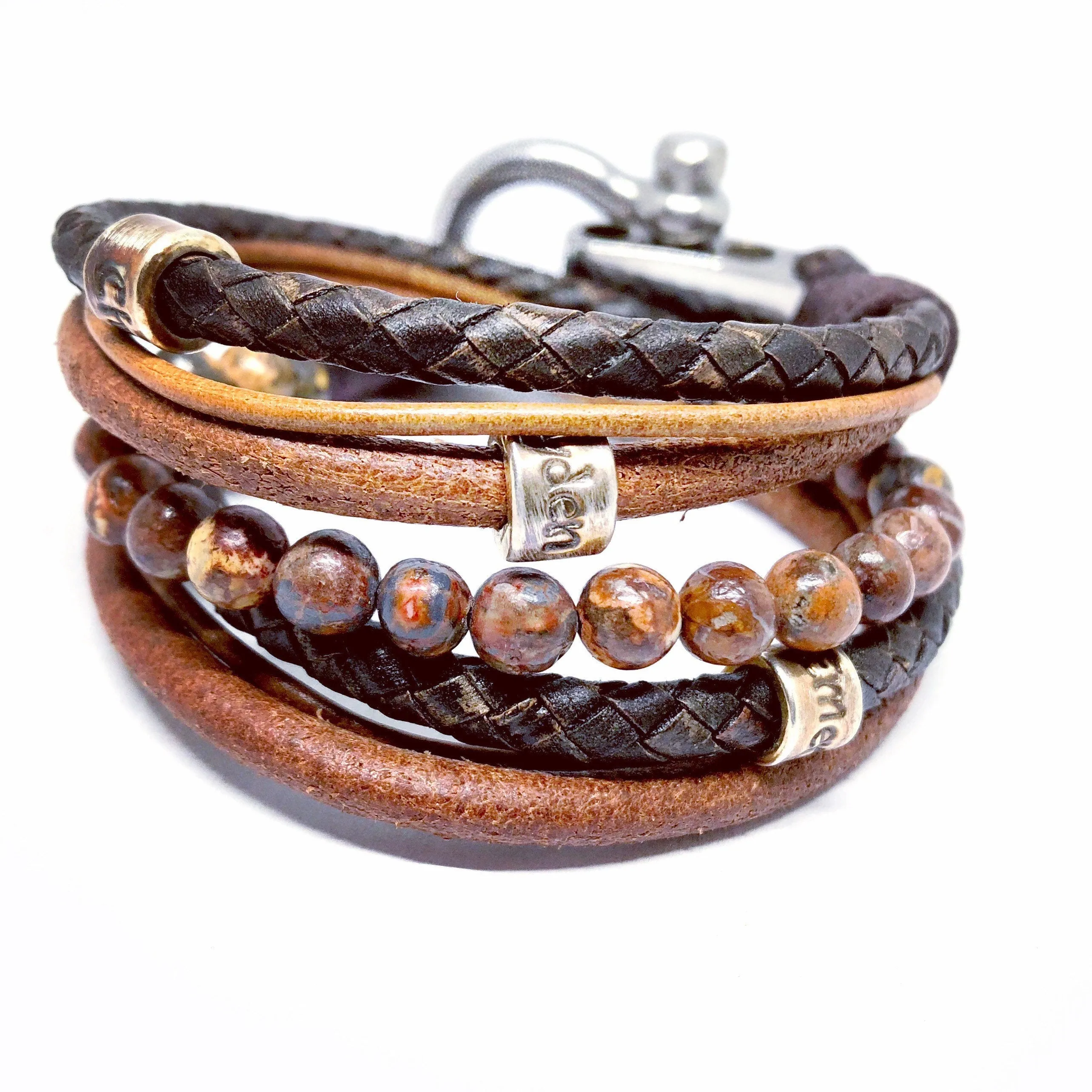 Jasper & Bronzite Gemstone, Brown Leather Wrap Bracelet