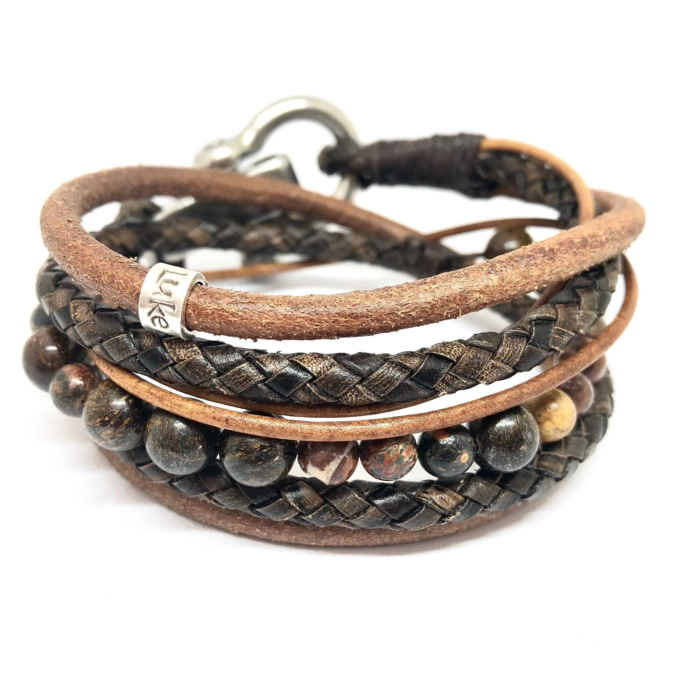 Jasper & Bronzite Gemstone, Brown Leather Wrap Bracelet