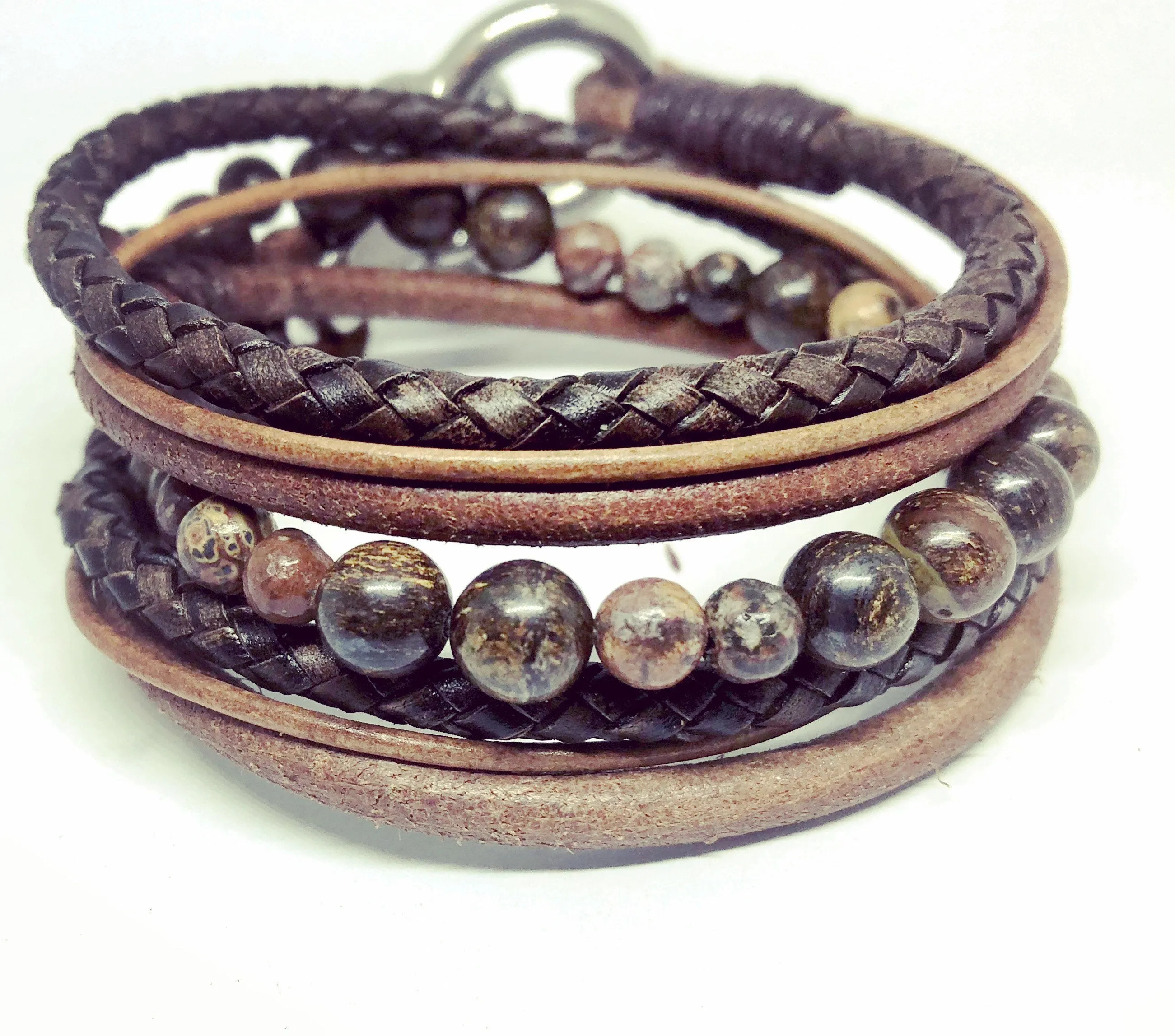 Jasper & Bronzite Gemstone, Brown Leather Wrap Bracelet