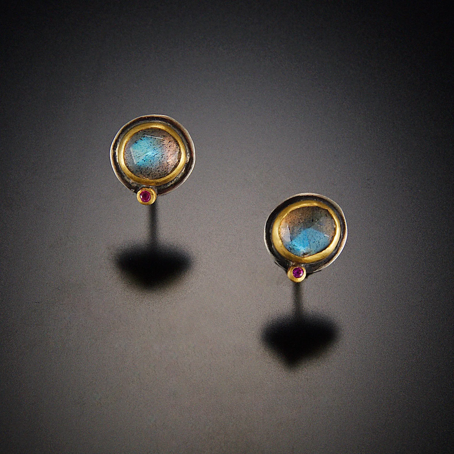 Labradorite Stud Earrings with Ruby Dot