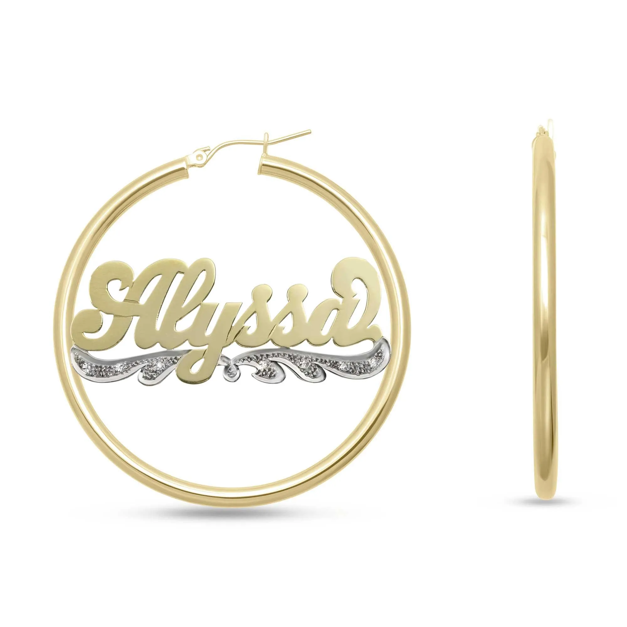 Ladies Diamond Script Name Plate Hoop Earrings 14K Gold - Style 70