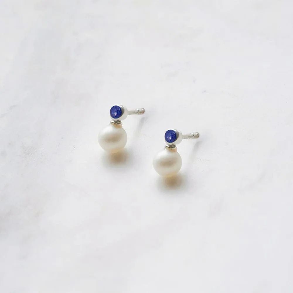 Lapis Pearl Stud Earrings Sterling Silver