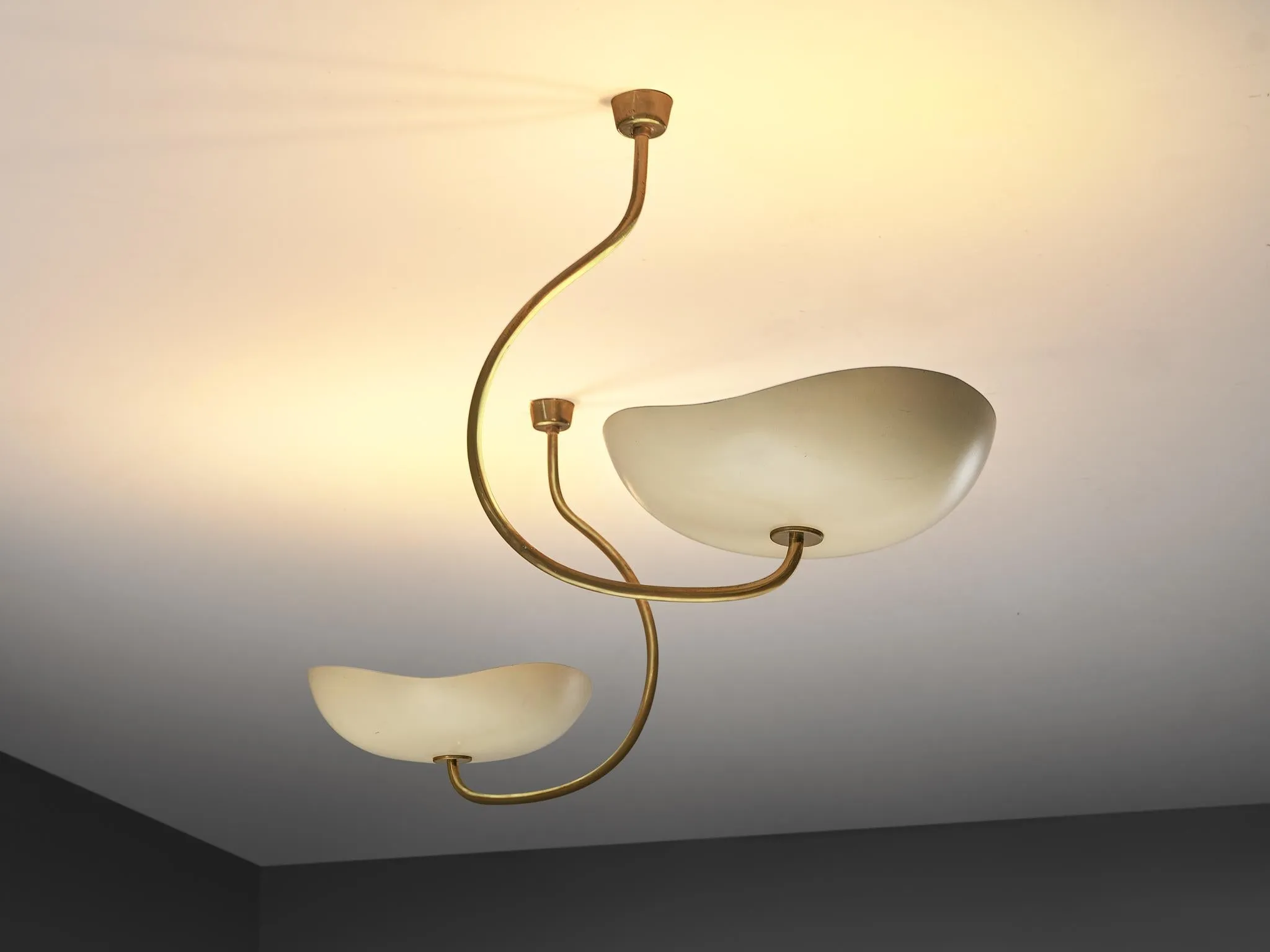 Lumen Organic Chandeliers in Brass with Cream Enameled Aluminum Shades 50s