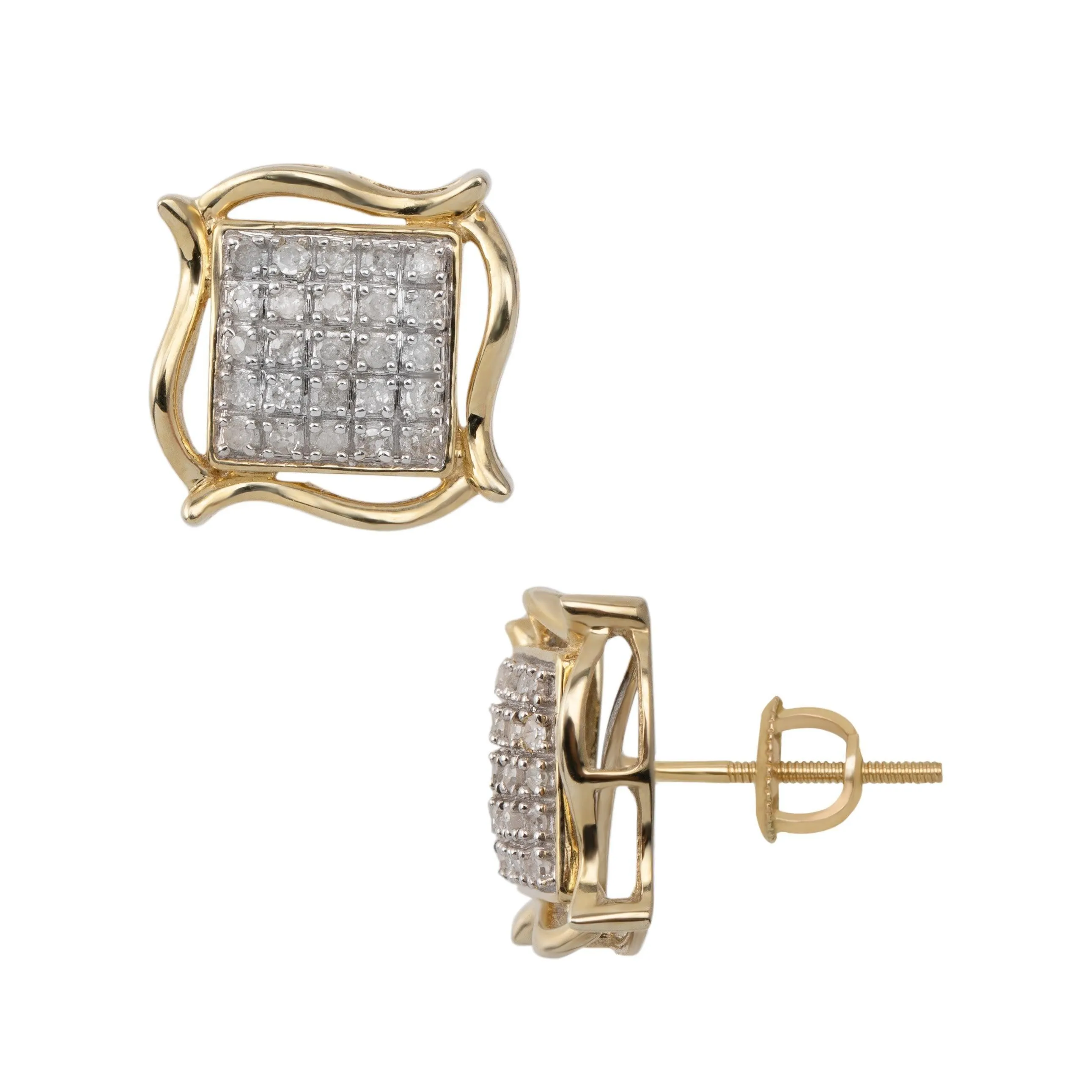 Men's Accent Frame Micro-Pavé Square Diamond Stud Earrings 0.25ct 10K Yellow Gold