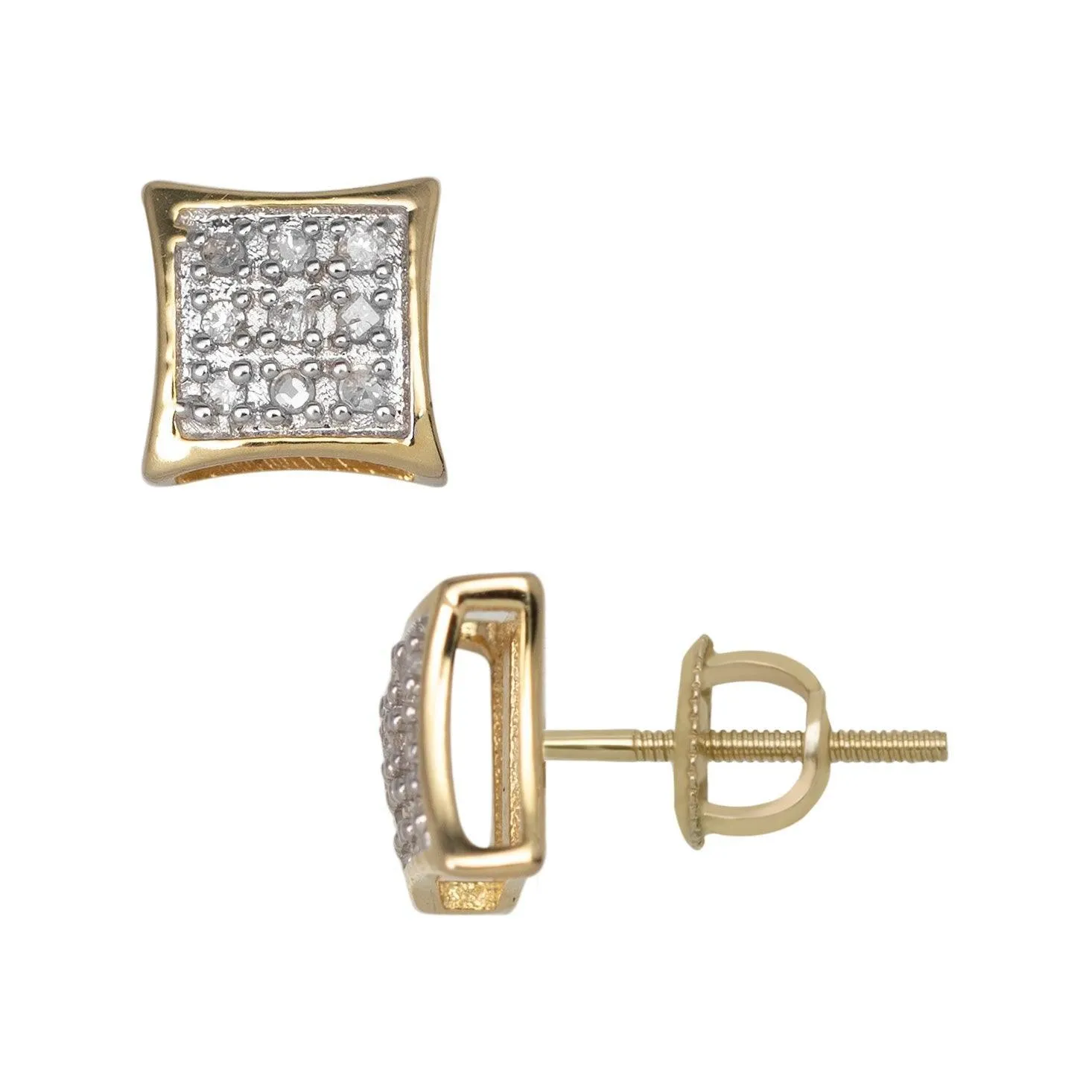 Men's Frame Micro-Pavé Concave Square Diamond Stud Earrings 0.07ct 10K Yellow Gold