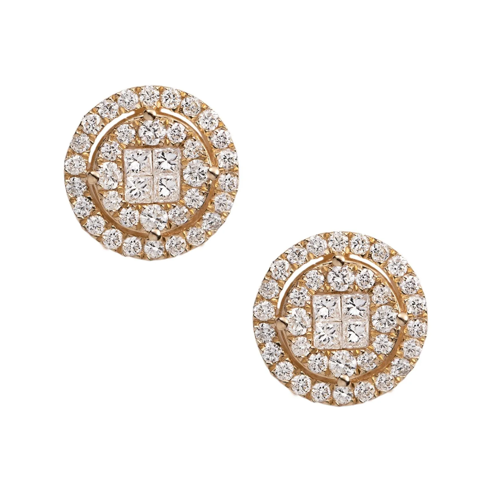 Men's Round Cluster Square Diamond Stud Earrings 1.35ct 14K Yellow Gold