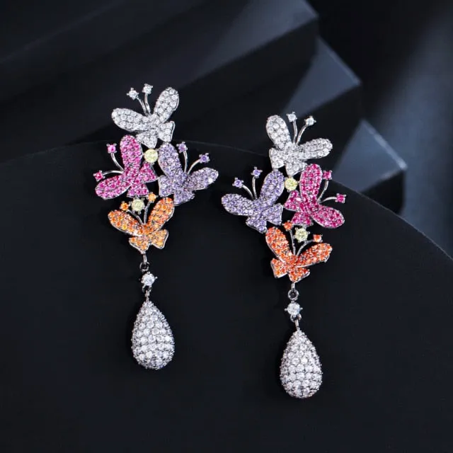 Micro Pave Cubic Zirconia Purple Red Long Butterfly Drop Earrings