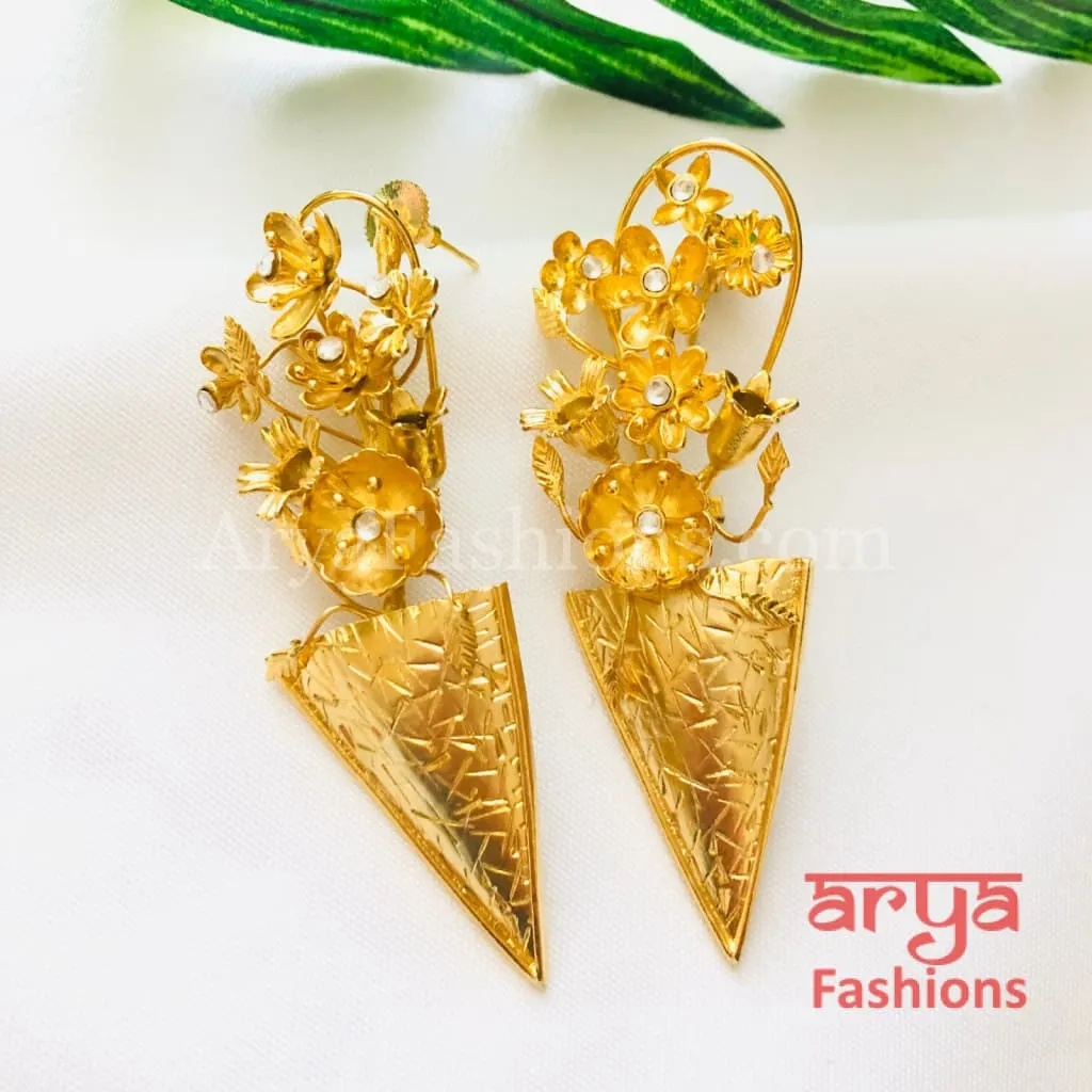 Misha Golden Long Fusion Earrings/ Golden Chipped Earrings/ Golden Flower Earrings