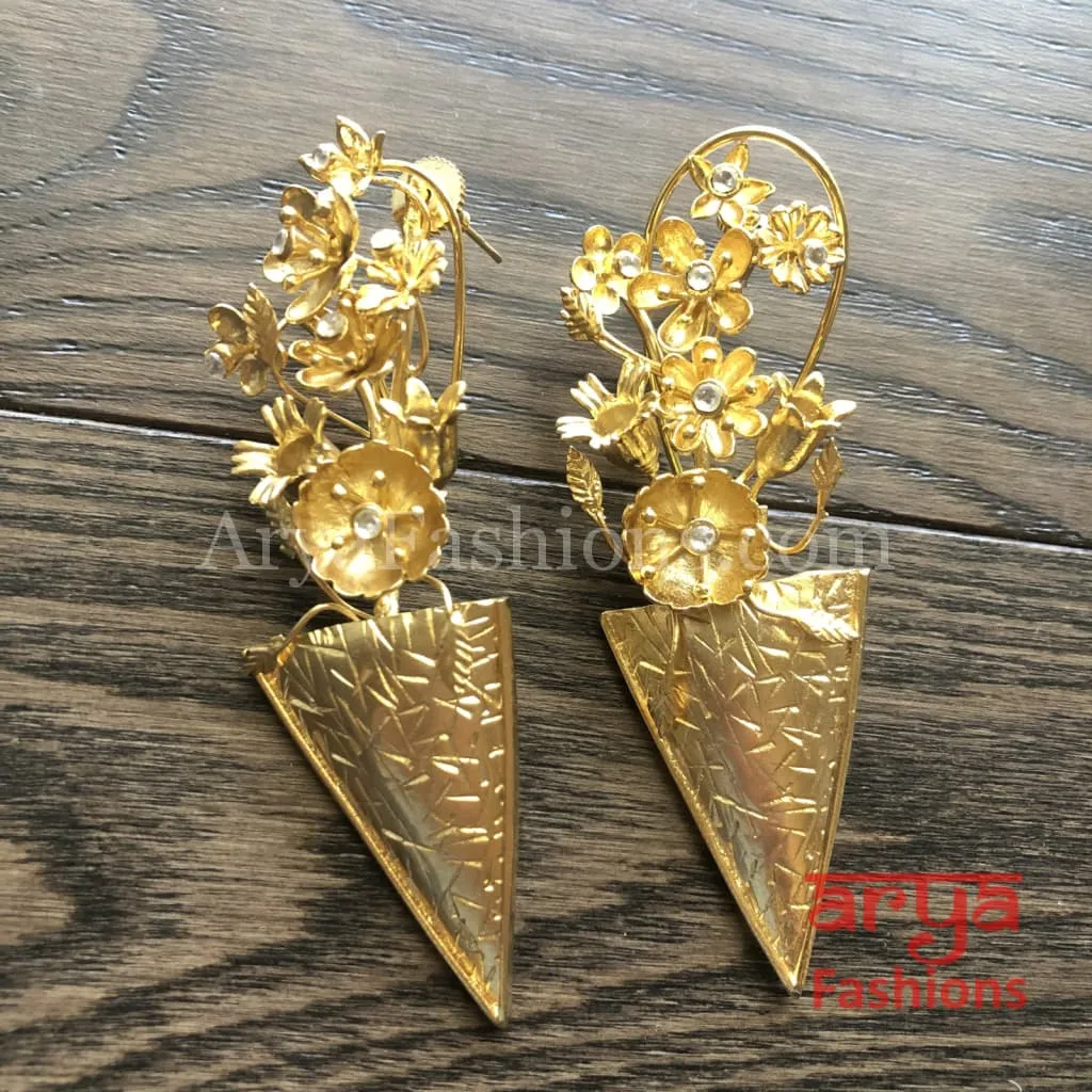 Misha Golden Long Fusion Earrings/ Golden Chipped Earrings/ Golden Flower Earrings