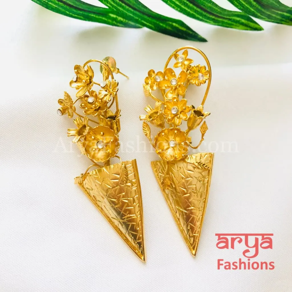 Misha Golden Long Fusion Earrings/ Golden Chipped Earrings/ Golden Flower Earrings