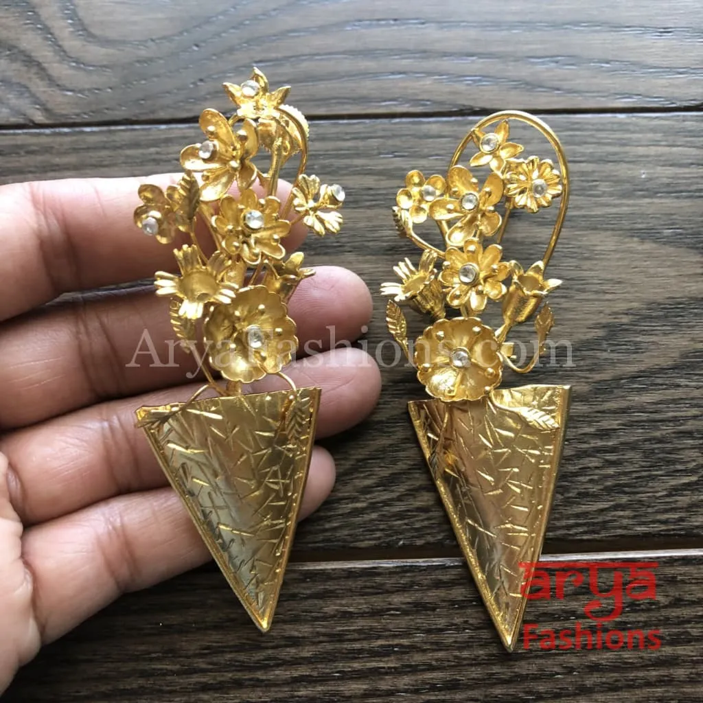 Misha Golden Long Fusion Earrings/ Golden Chipped Earrings/ Golden Flower Earrings