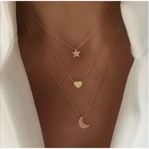 Multilayer Layered Necklace Gold Plated Star, Heart and  Moon