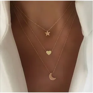 Multilayer Layered Necklace Gold Plated Star, Heart and  Moon