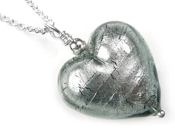 Murano Glass Heart Pendant - Black Diamond