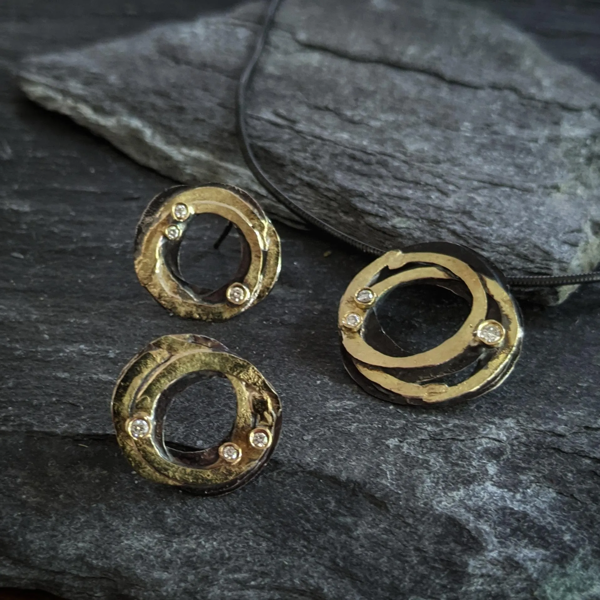 Oxidized Silver and Gold Wrap Earrings with Diamonds