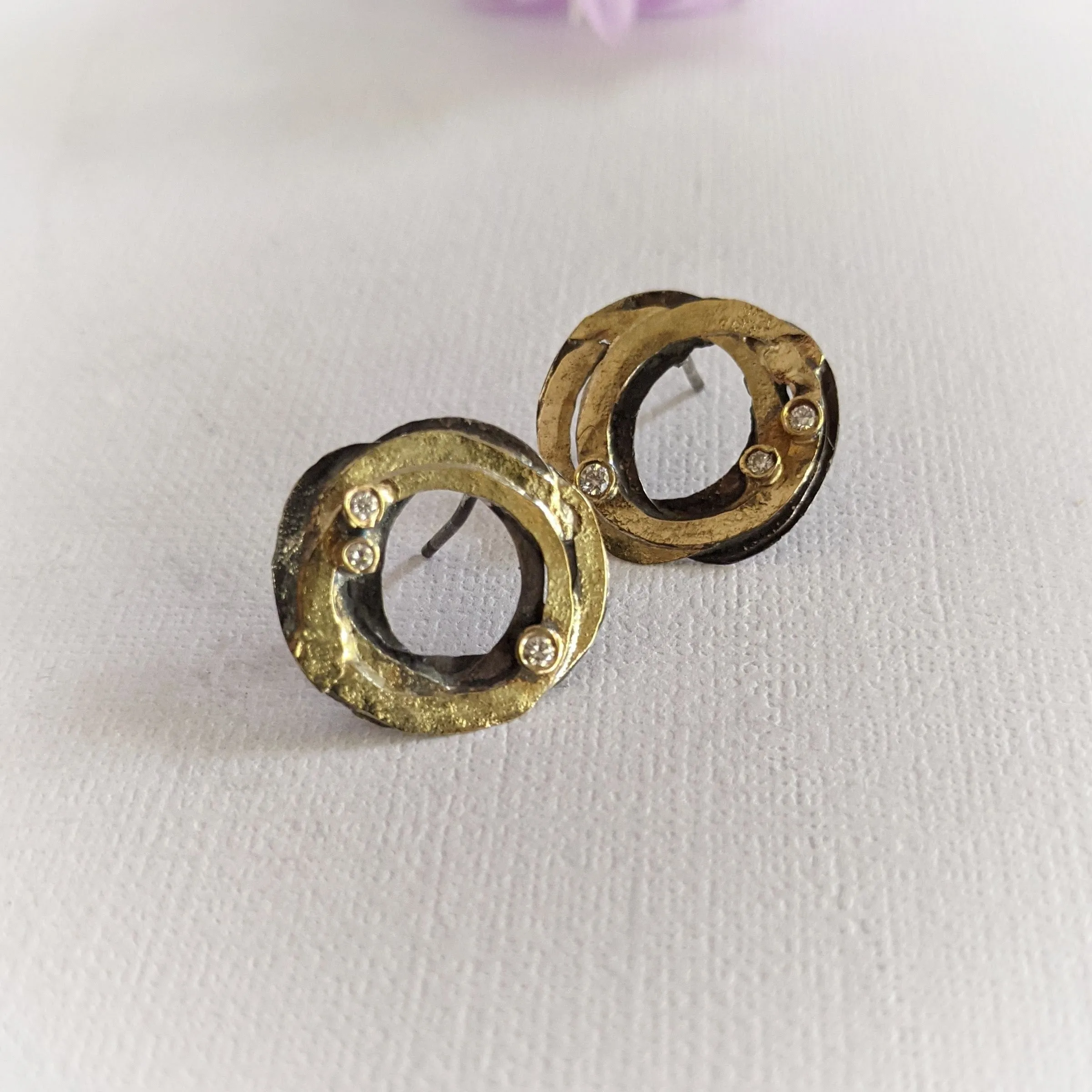 Oxidized Silver and Gold Wrap Earrings with Diamonds