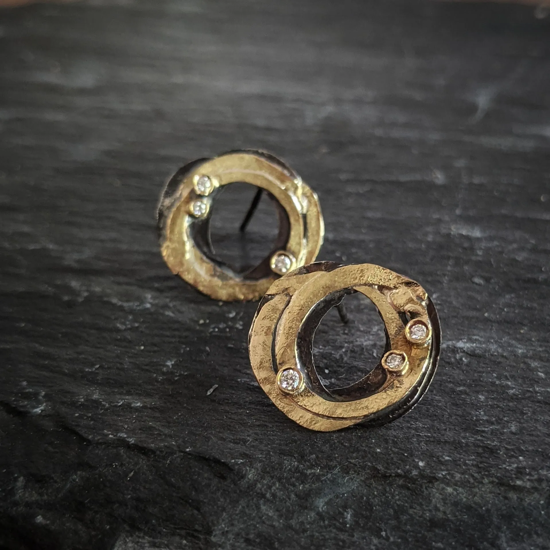 Oxidized Silver and Gold Wrap Earrings with Diamonds