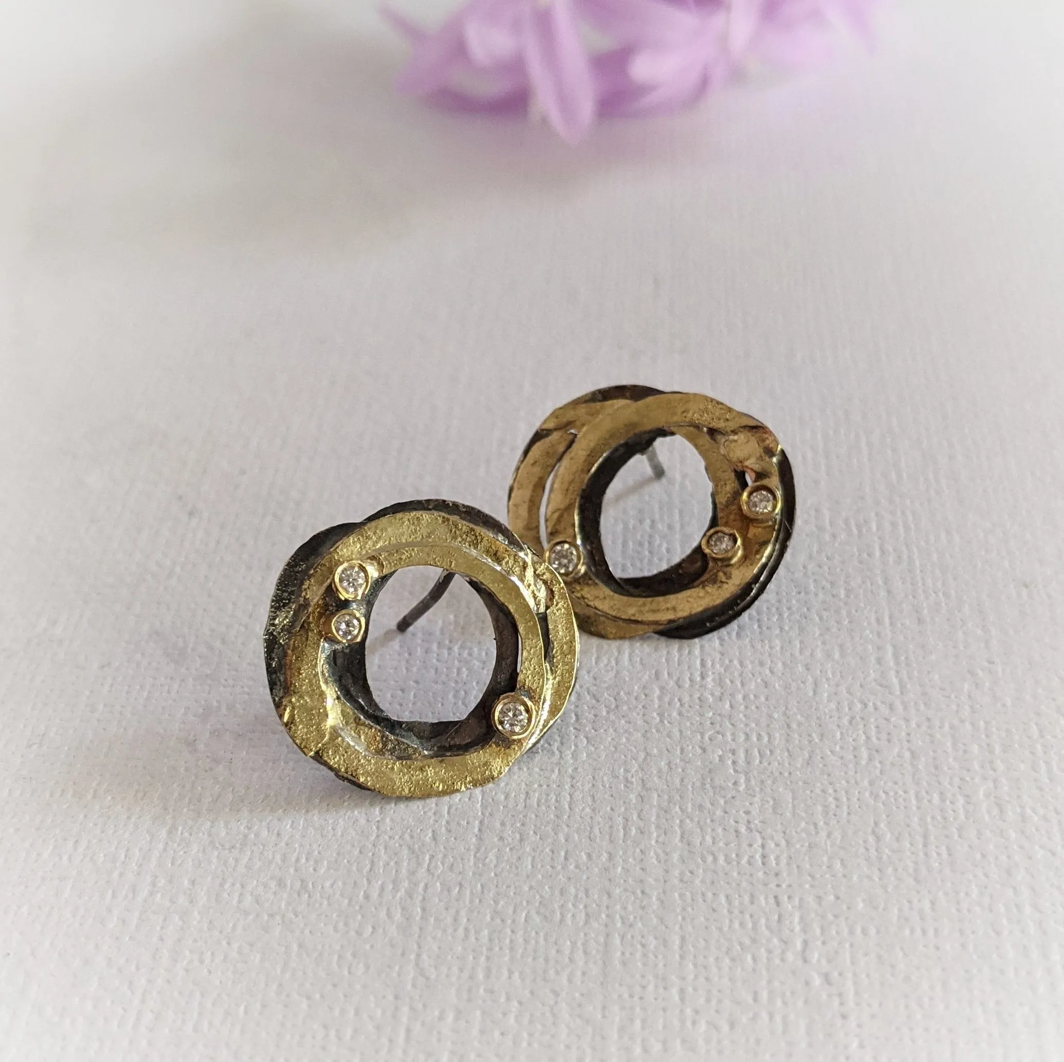 Oxidized Silver and Gold Wrap Earrings with Diamonds