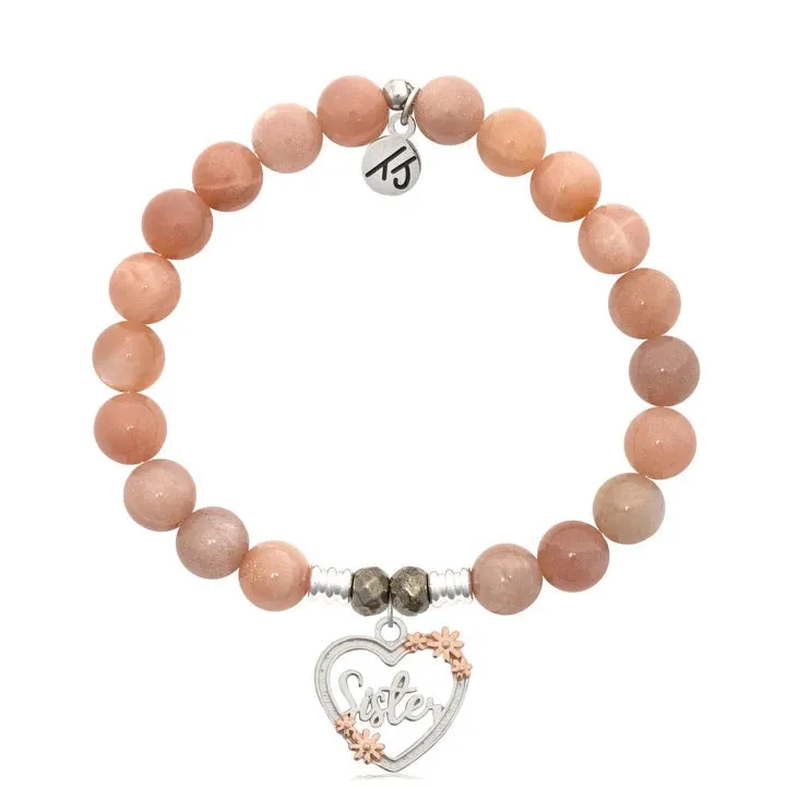 Peach Moonstone Stone Bracelet with Heart Sister Silver Charm