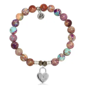 Purple Jasper Stone Bracelet with Love Lock Sterling Silver Charm