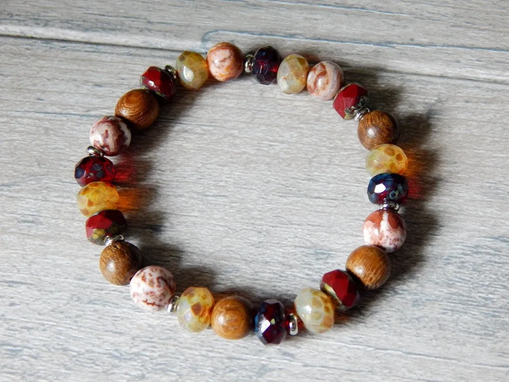 Red and Beige Beaded Boho Bracelet with Rustic Finish