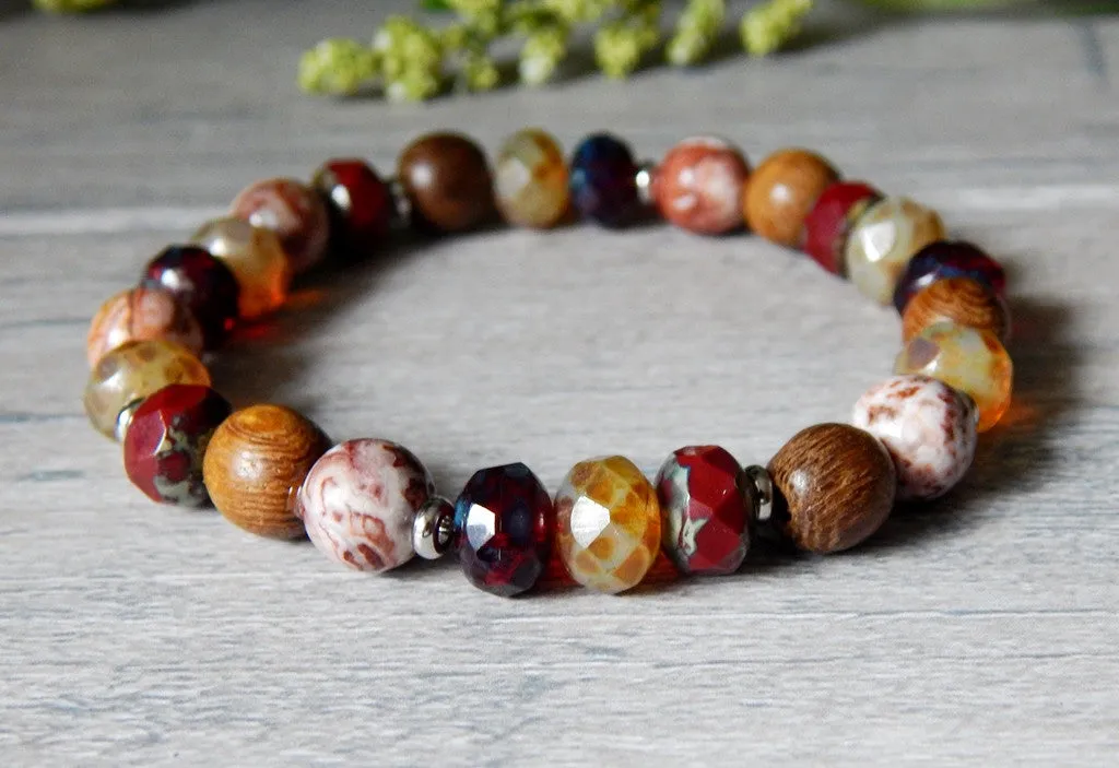 Red and Beige Beaded Boho Bracelet with Rustic Finish