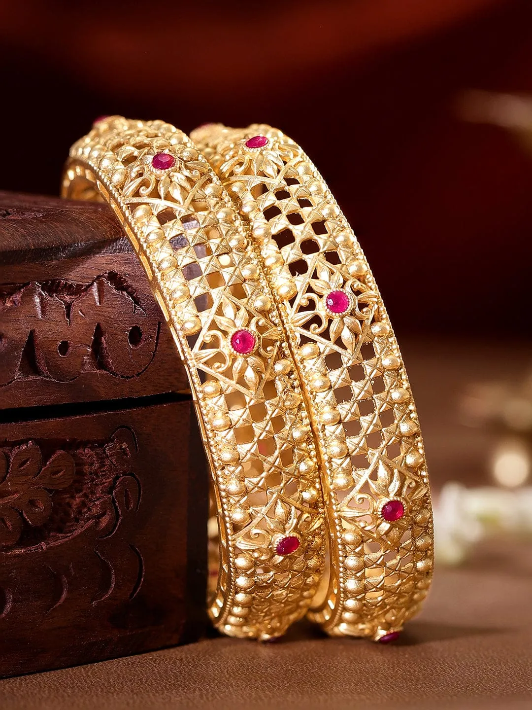 Rubans Set of 2, 22K Gold plated Kemp stone studded Filigree detail statement bangles  "