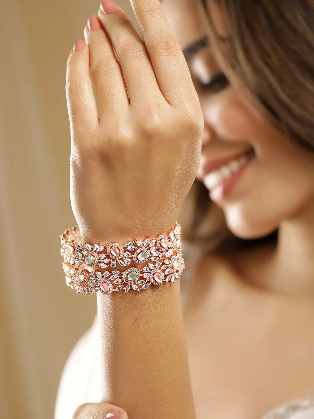 Rubans Set of 2 22K Rose Gold-Plated Pastel Pink, Blue & White CubicZirconia Studed Bangle