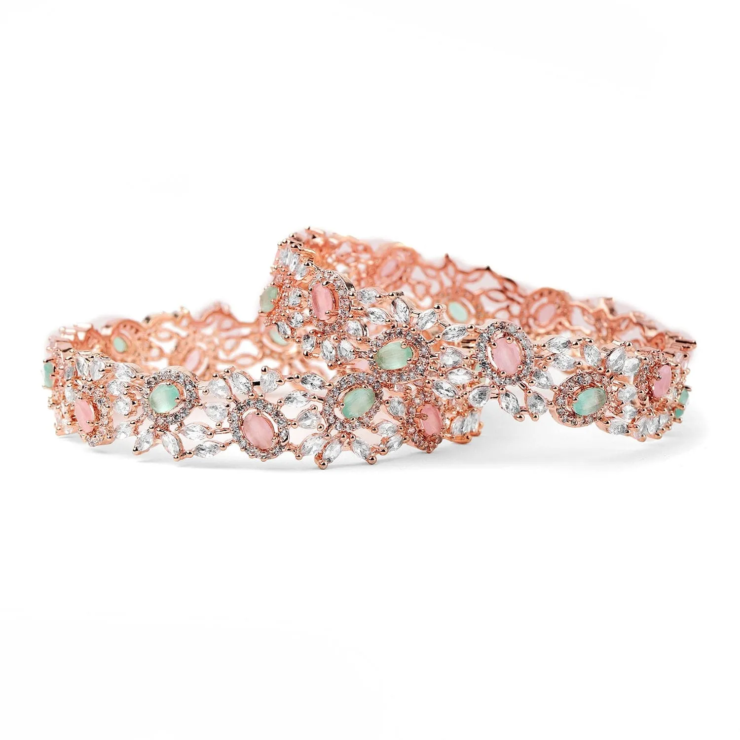 Rubans Set of 2 22K Rose Gold-Plated Pastel Pink, Blue & White CubicZirconia Studed Bangle