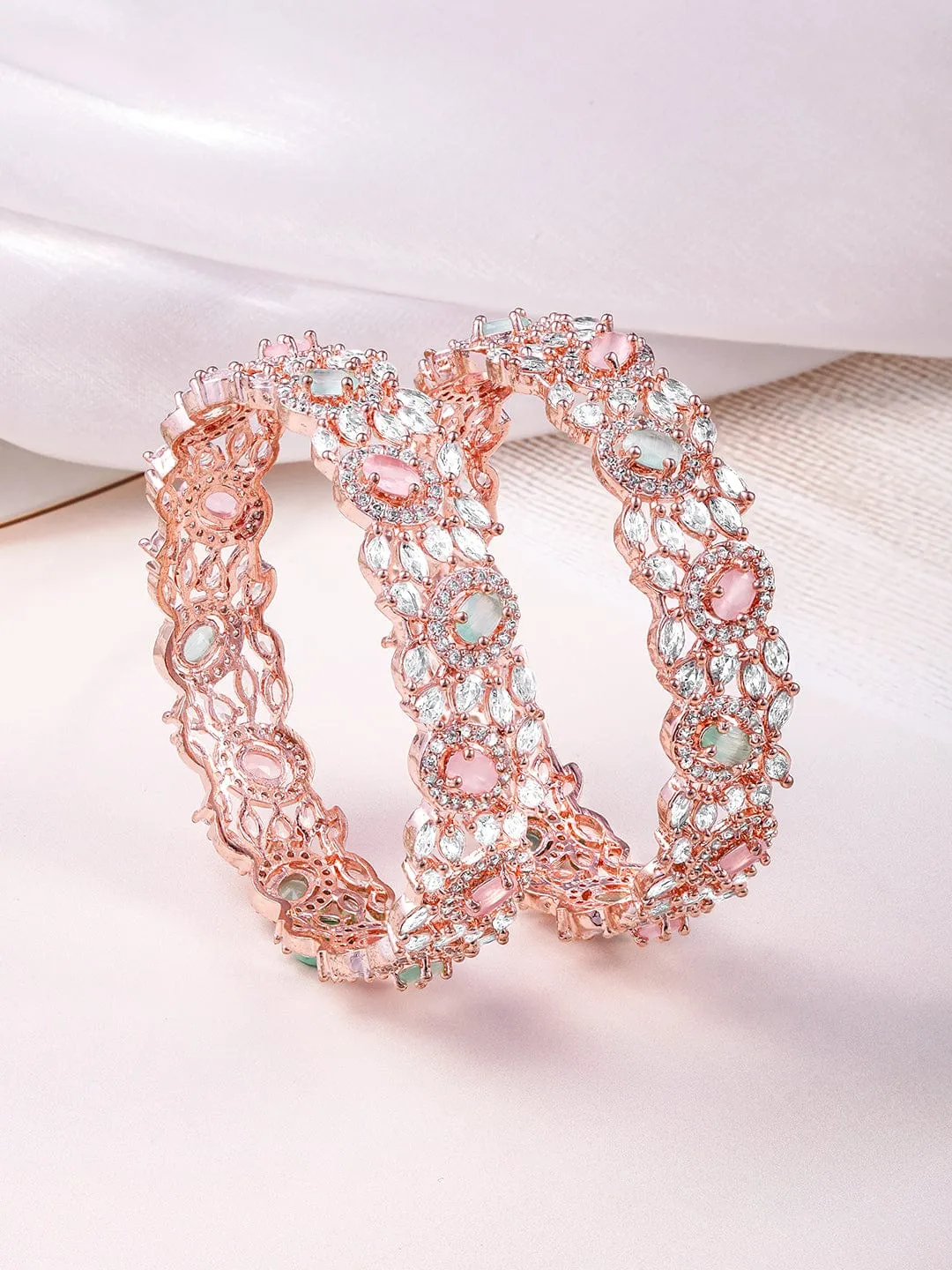 Rubans Set of 2 22K Rose Gold-Plated Pastel Pink, Blue & White CubicZirconia Studed Bangle