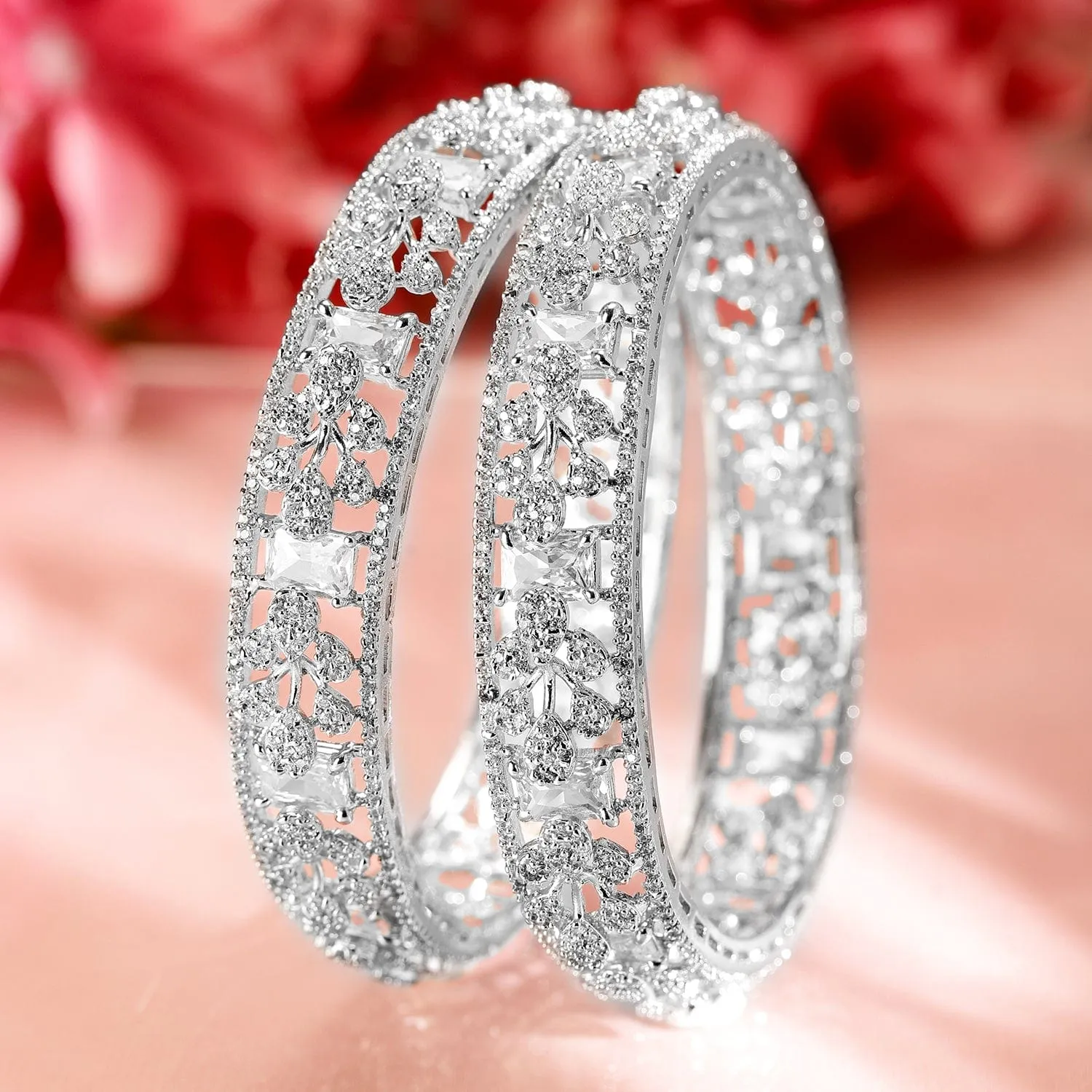 Rubans Set of 2, Rhodium-Plated Cubic Zirconia Studded Premium Handcrafted Bangles