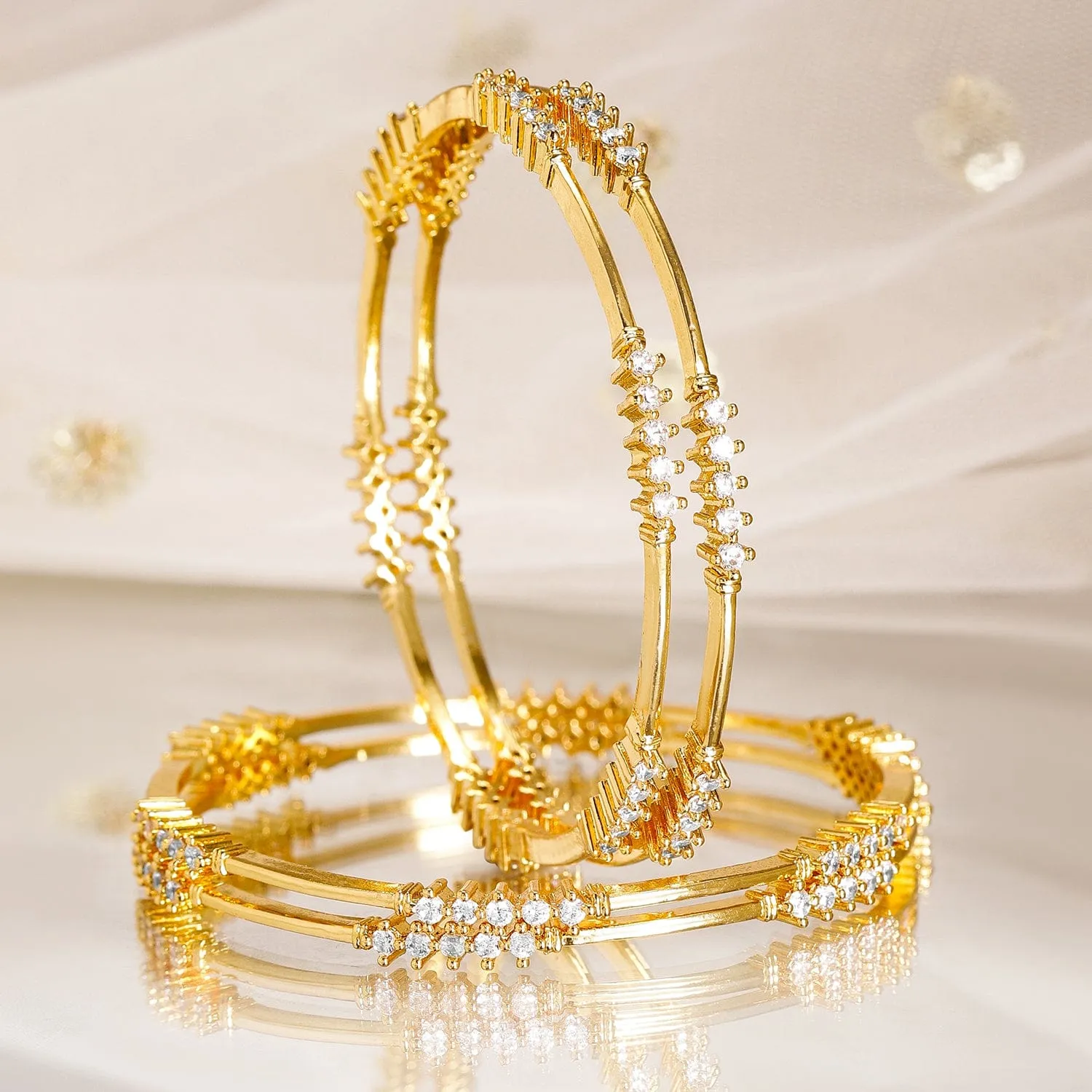 Rubans Set of 4, 22K Gold-Plated & Cubic Zirconia Studded Handcrafted Bangles