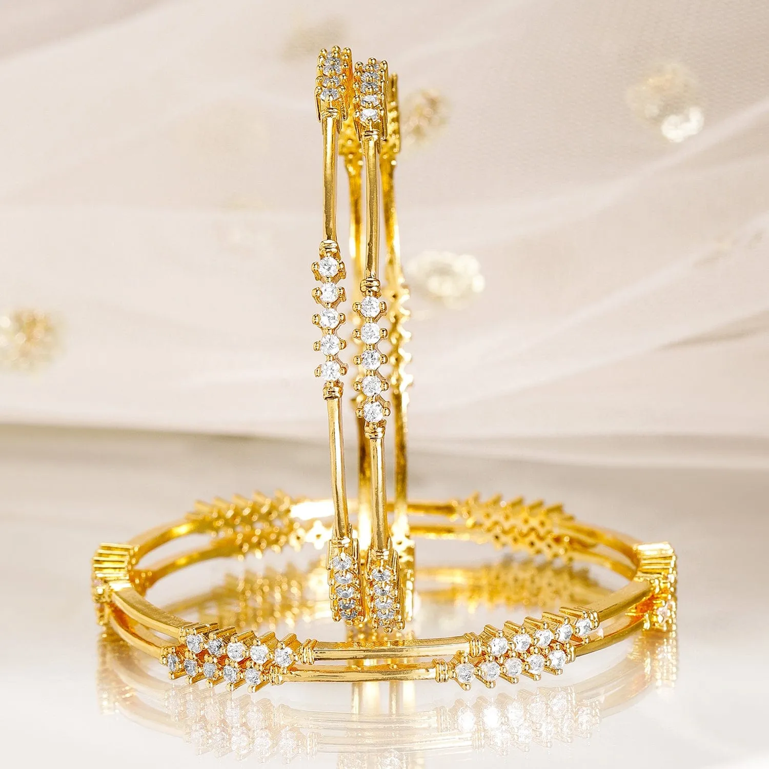 Rubans Set of 4, 22K Gold-Plated & Cubic Zirconia Studded Handcrafted Bangles