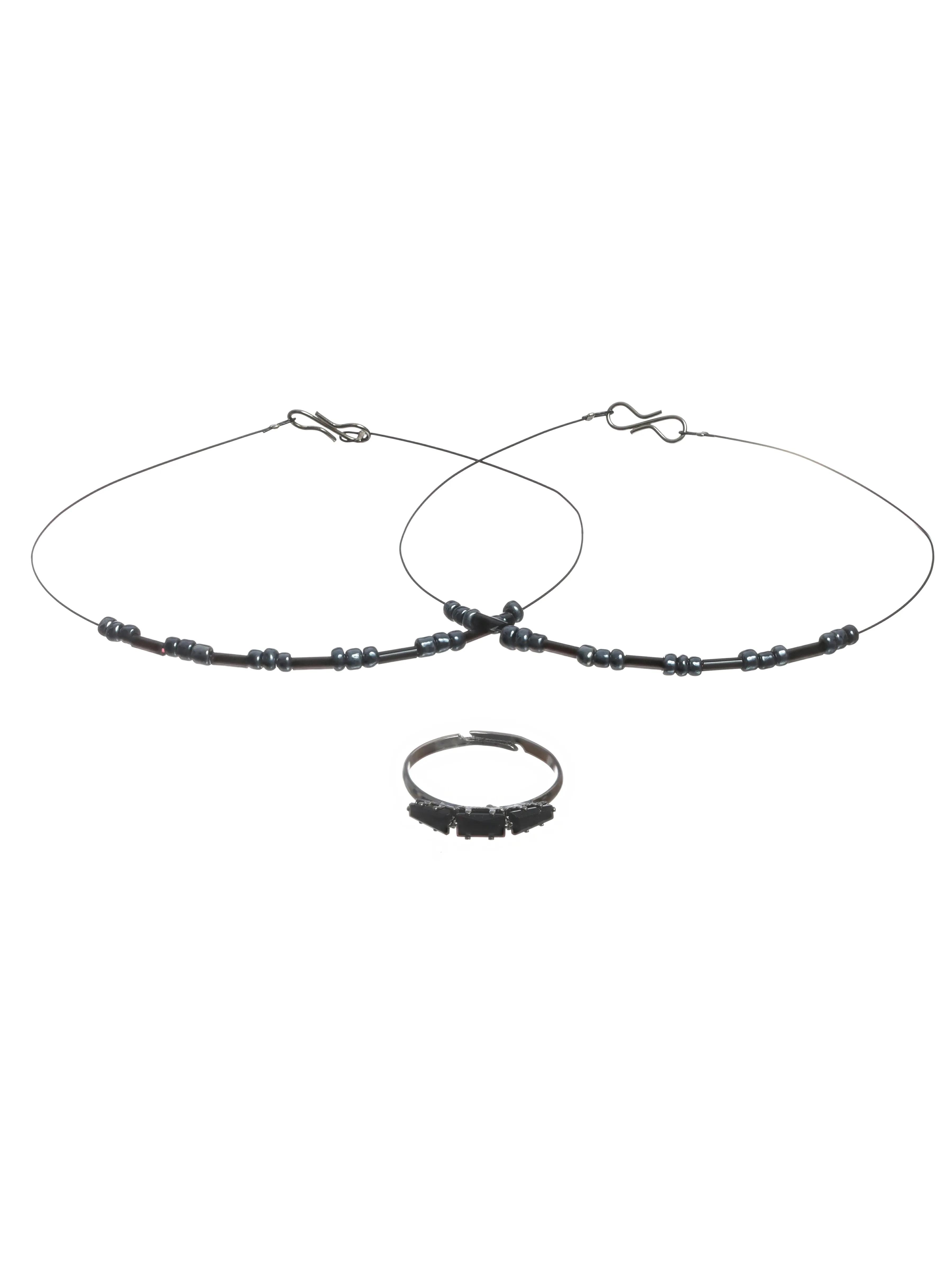 Set Of 2 Black Handcrafted Anklets & 1 Black Stone Ring