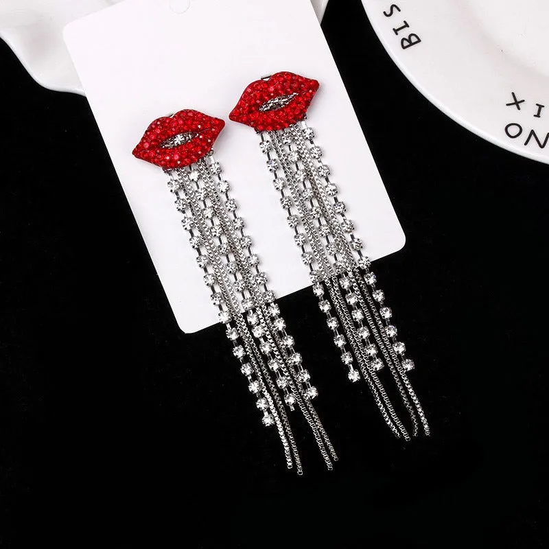 Shiny Red Lips Crystal Tassel Dangle Earrings