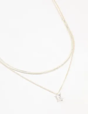 Silver Plated Baguette Diamante & Snake Chain Necklaces 2-Pack