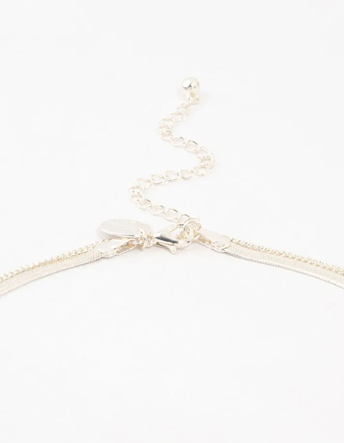 Silver Plated Baguette Diamante & Snake Chain Necklaces 2-Pack