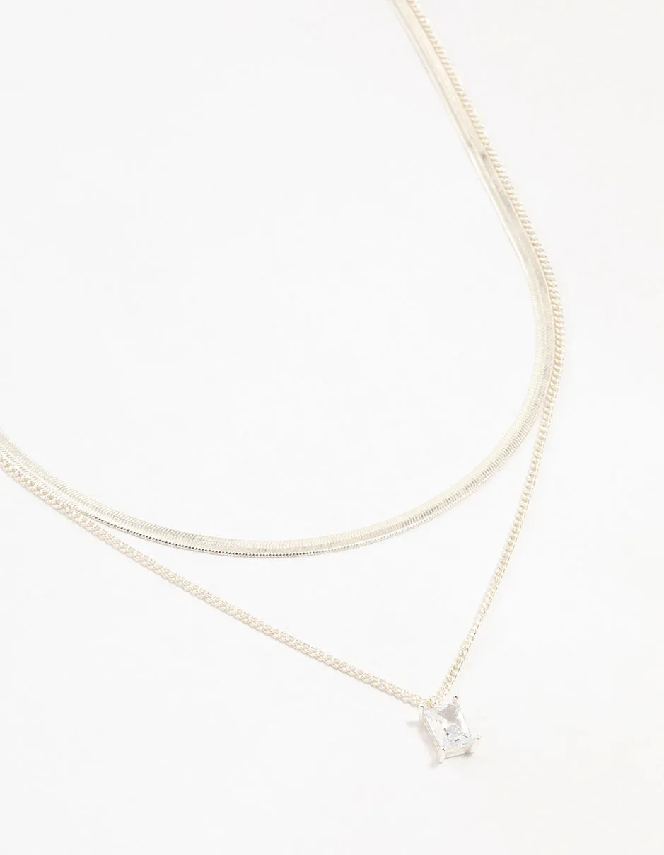 Silver Plated Baguette Diamante & Snake Chain Necklaces 2-Pack