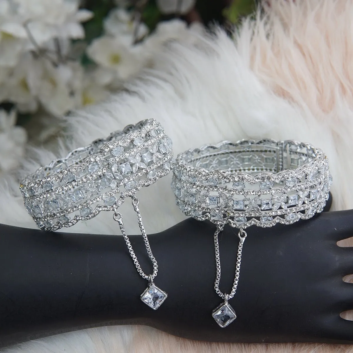 Silver Zirconia Shine Bangles Pair