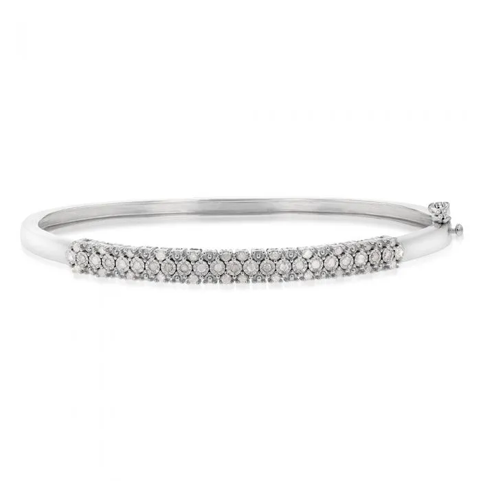 Sterling Silver 1/2 Carat Diamond 3 Row 50x60mm Hinge Bangle