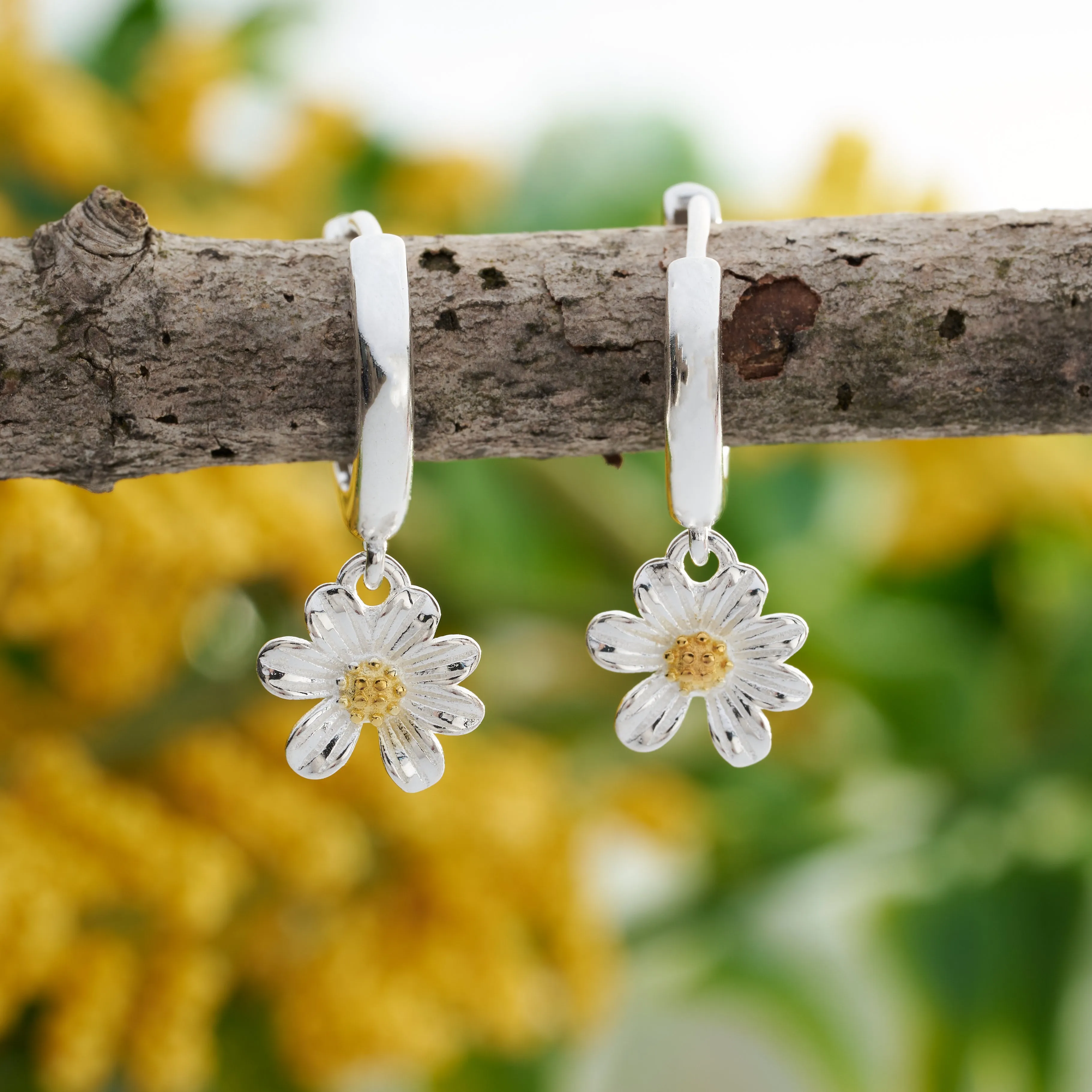 Sterling Silver Daisy Hoop Earrings