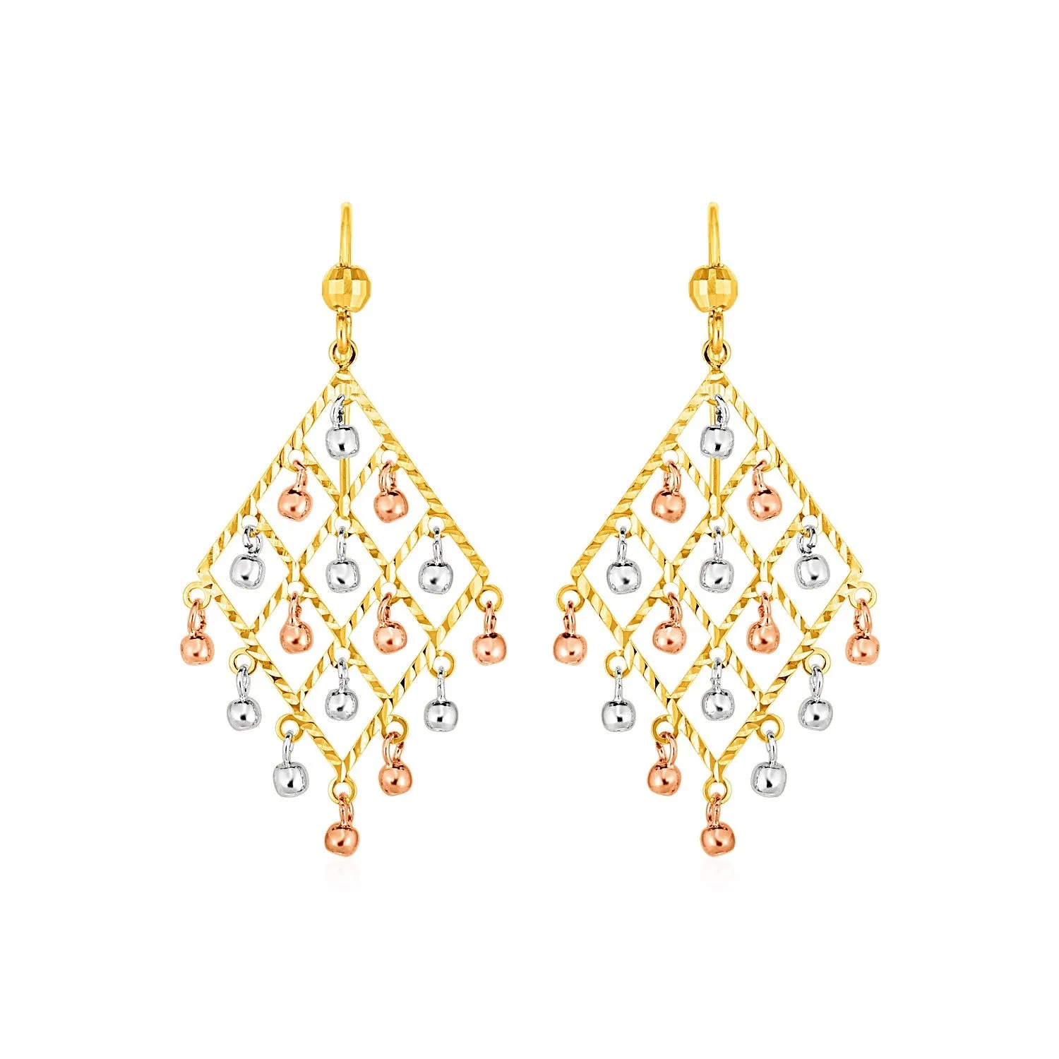 Textured Chandelier Earrings with Ball Drops in 14k Tri Color Gold