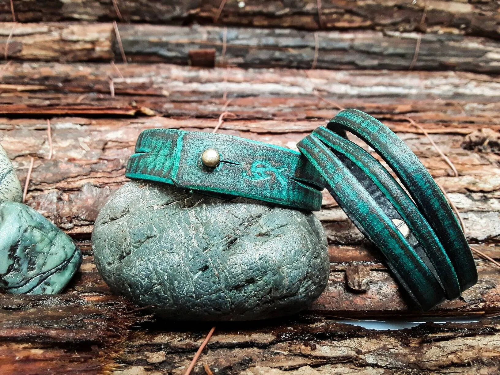 Turquoise Leather Cuff Bracelet - Genuine Leather Wrap Design for Men and Women